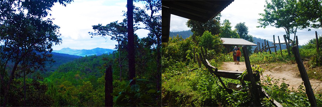 On the right views over the jungle and on the right a mother and daughter make their way through a small village