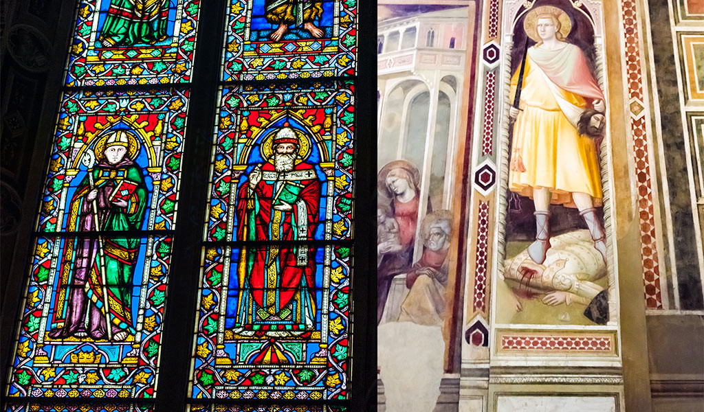 From left: a portion of a stained glass window and a portion of a wall fresco depicting a beaheading