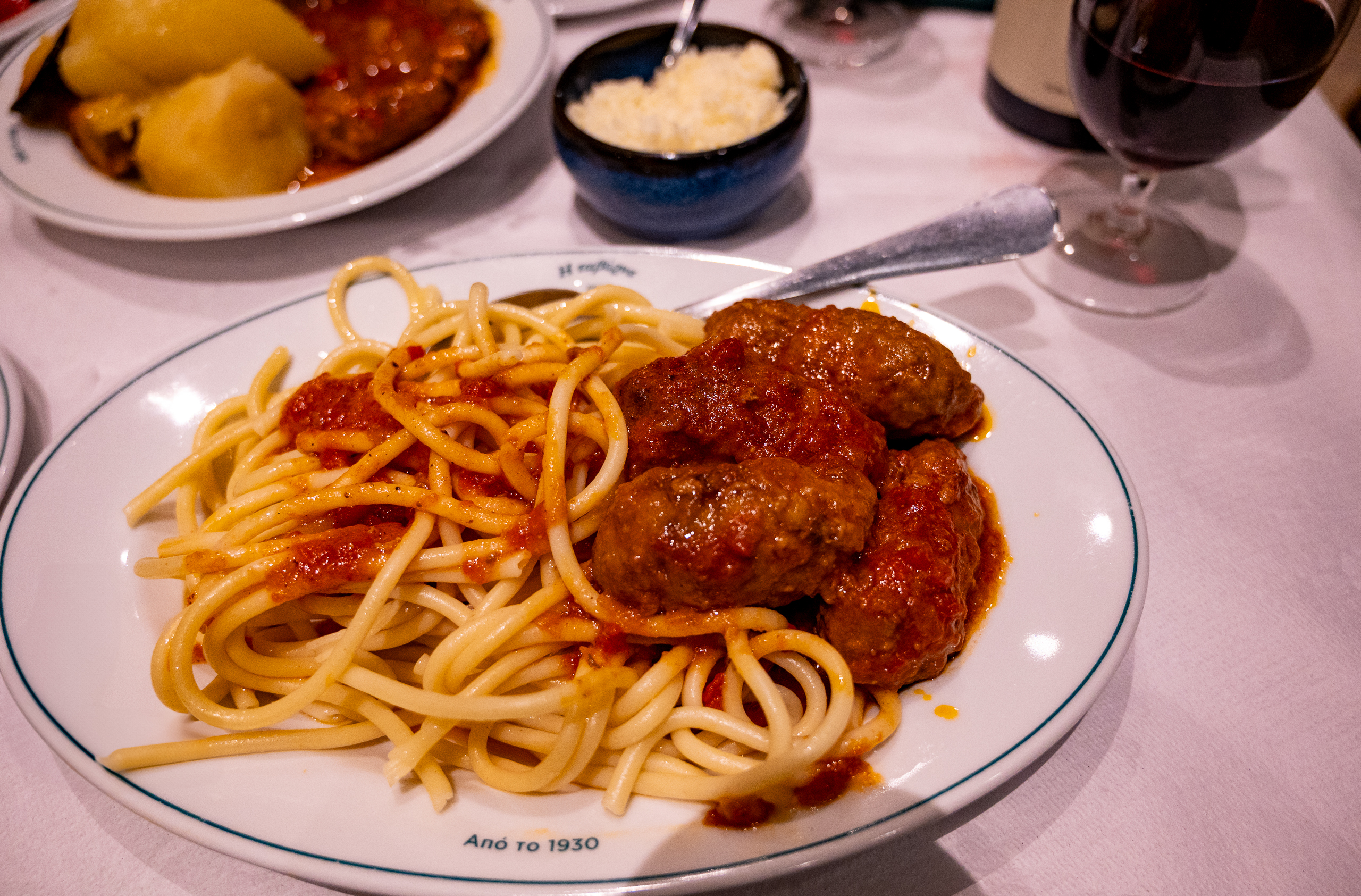 Simple meatballs and pasta at Taverna Oikonomou in Athens, Greece Simple meatballs and pasta at Taverna Oikonomou in Athens, Greece